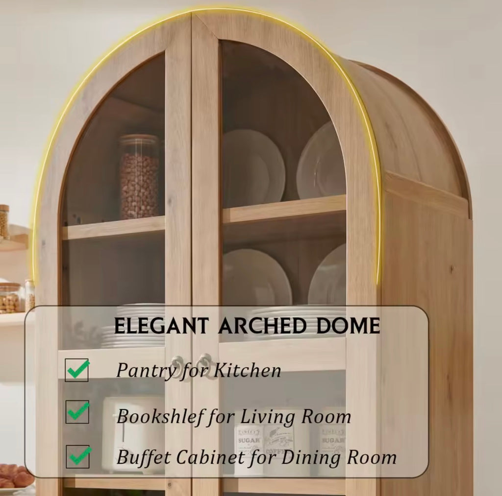 Arched Wood Pantry Cabinet with Adjustable Shelves & Drawers