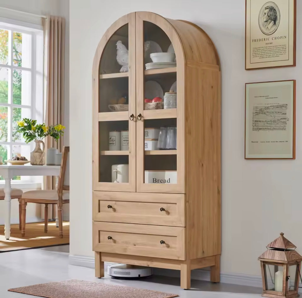 Arched Wood Pantry Cabinet with Adjustable Shelves & Drawers