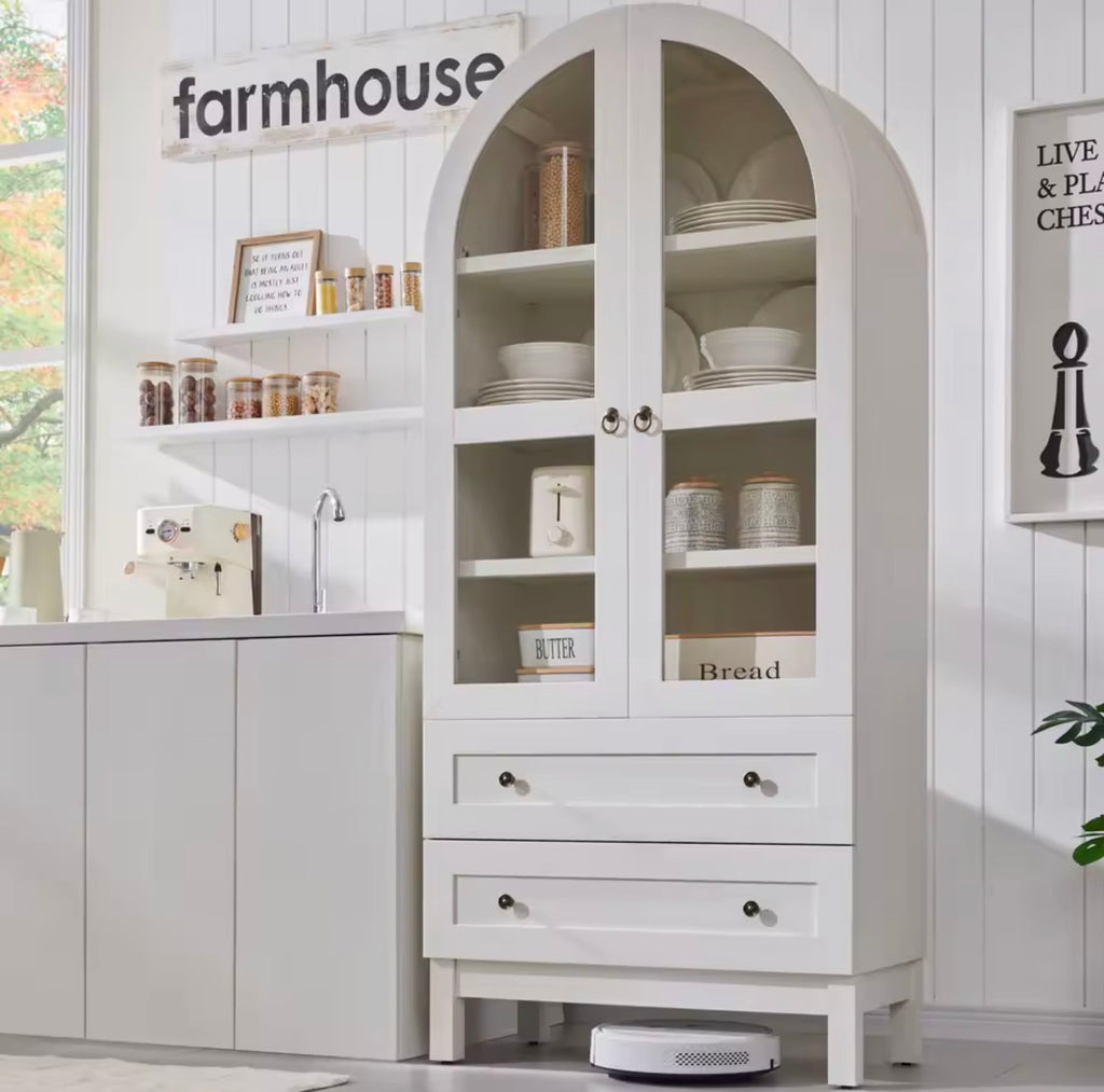 Arched Wood Pantry Cabinet with Adjustable Shelves & Drawers