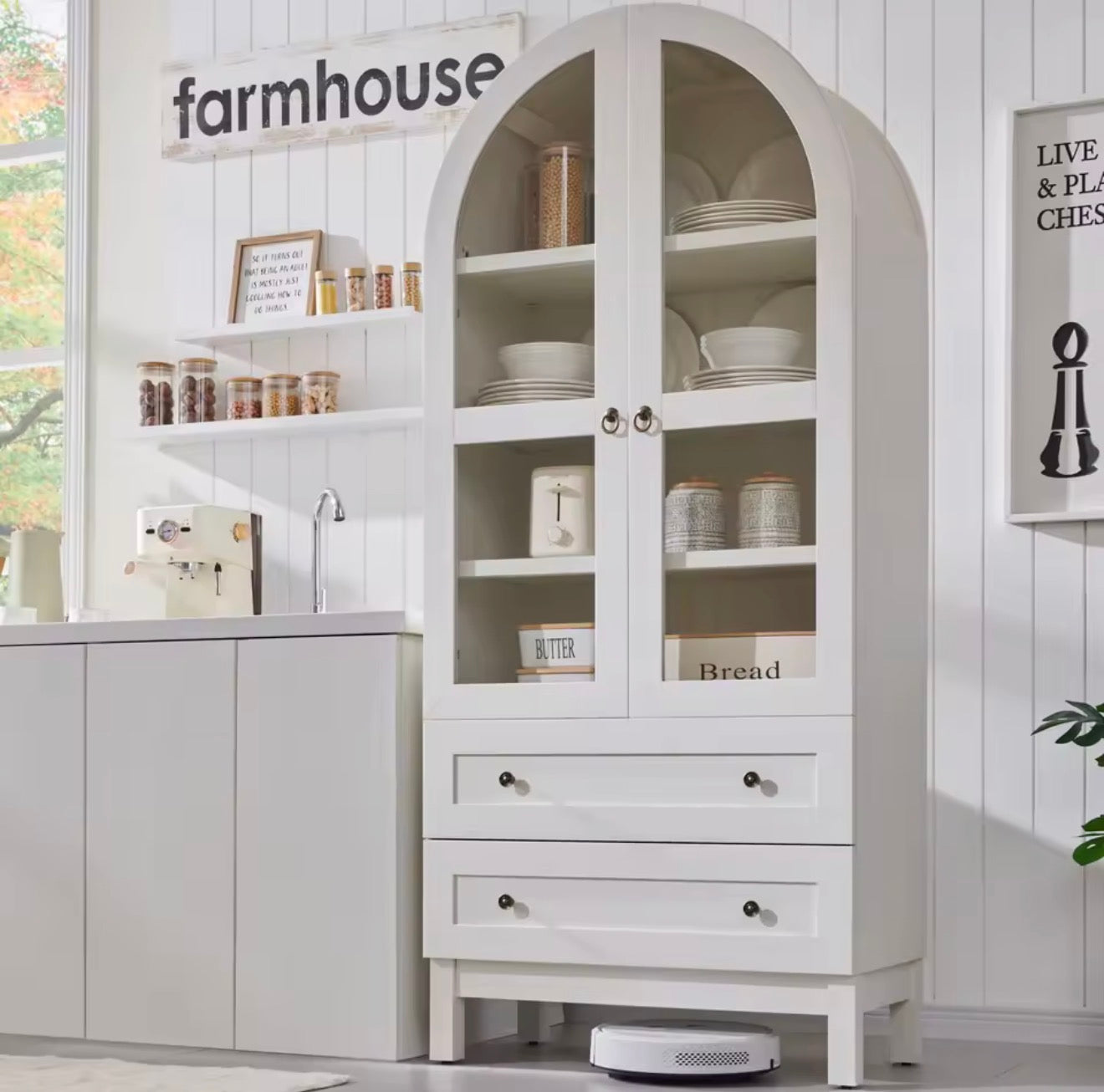 Arched Wood Pantry Cabinet with Adjustable Shelves & Drawers