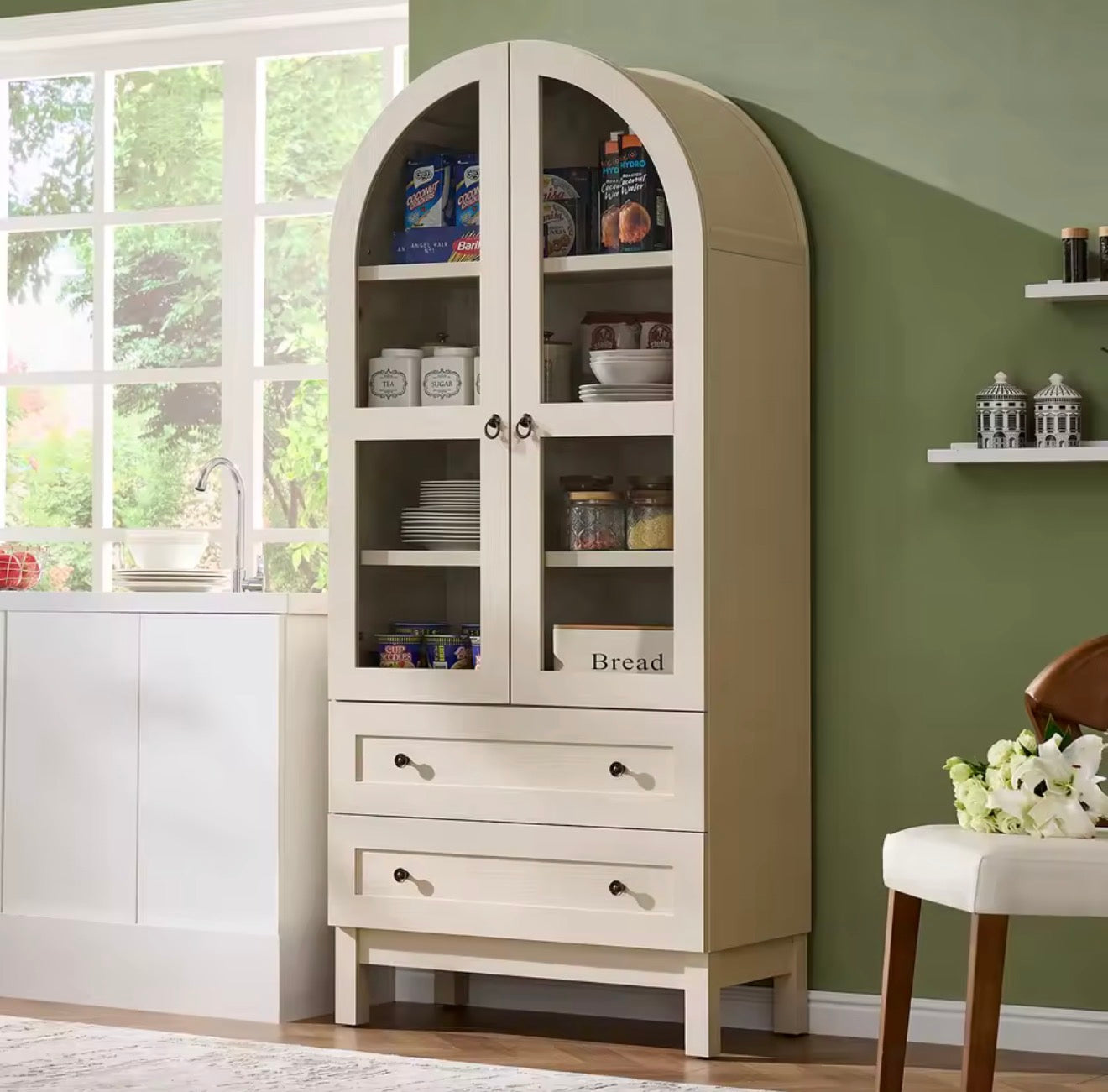 Arched Wood Pantry Cabinet with Adjustable Shelves & Drawers