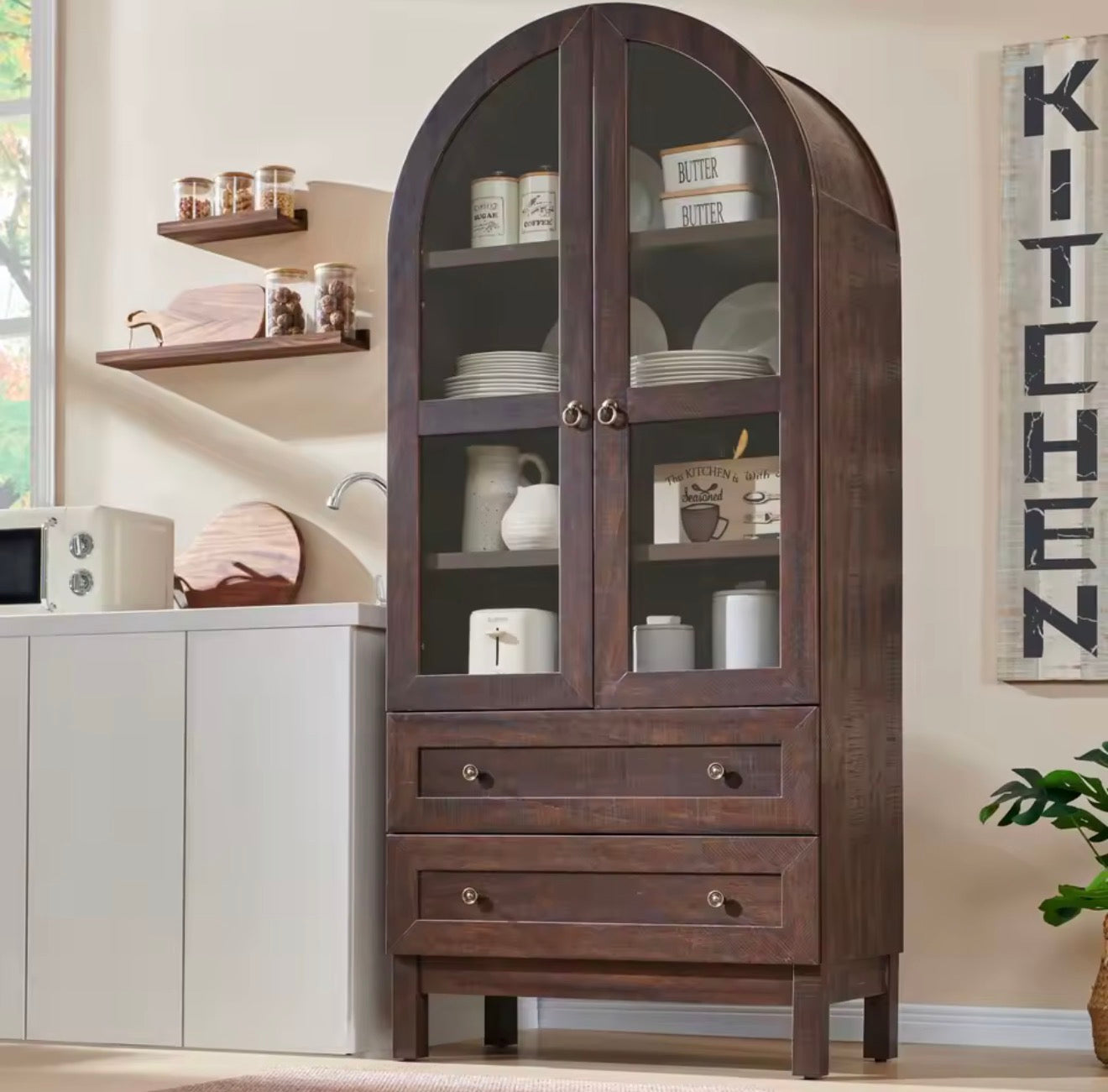 Arched Wood Pantry Cabinet with Adjustable Shelves & Drawers