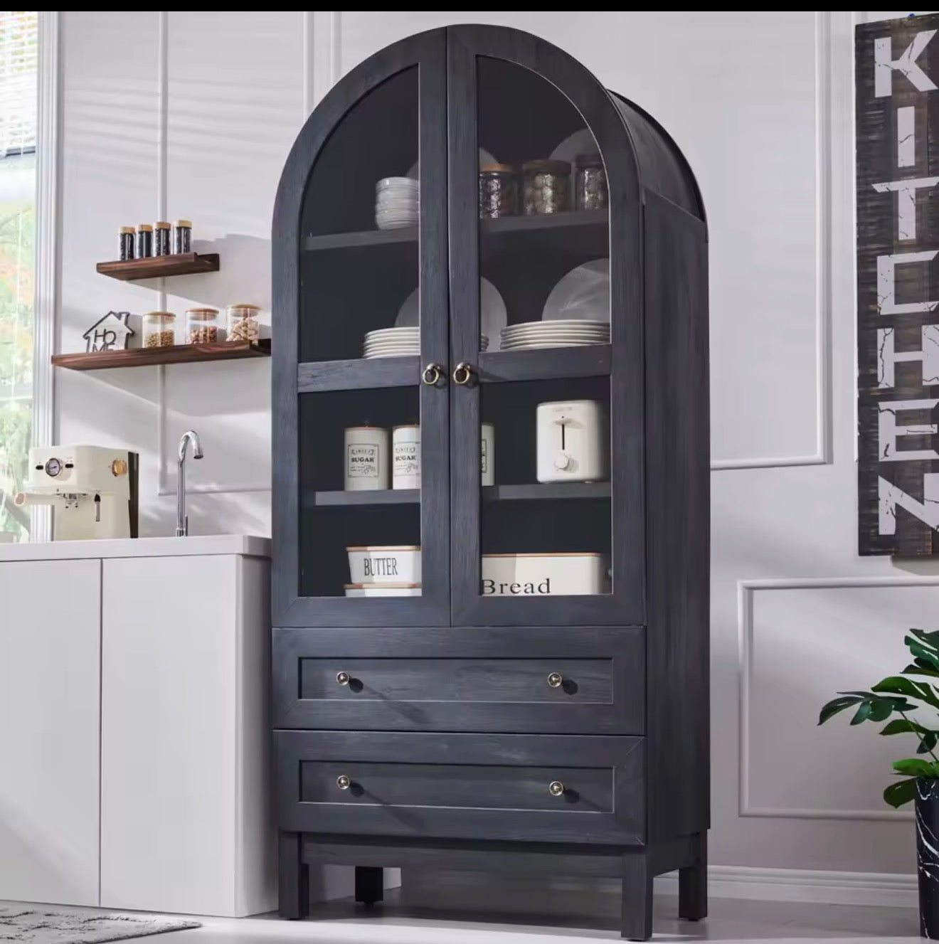 Arched Wood Pantry Cabinet with Adjustable Shelves & Drawers