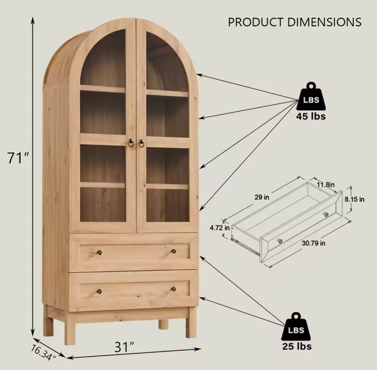 Arched Wood Pantry Cabinet with Adjustable Shelves & Drawers