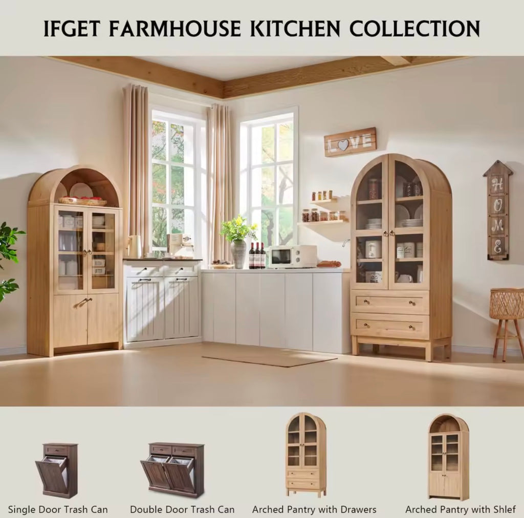 Arched Wood Pantry Cabinet with Adjustable Shelves & Drawers